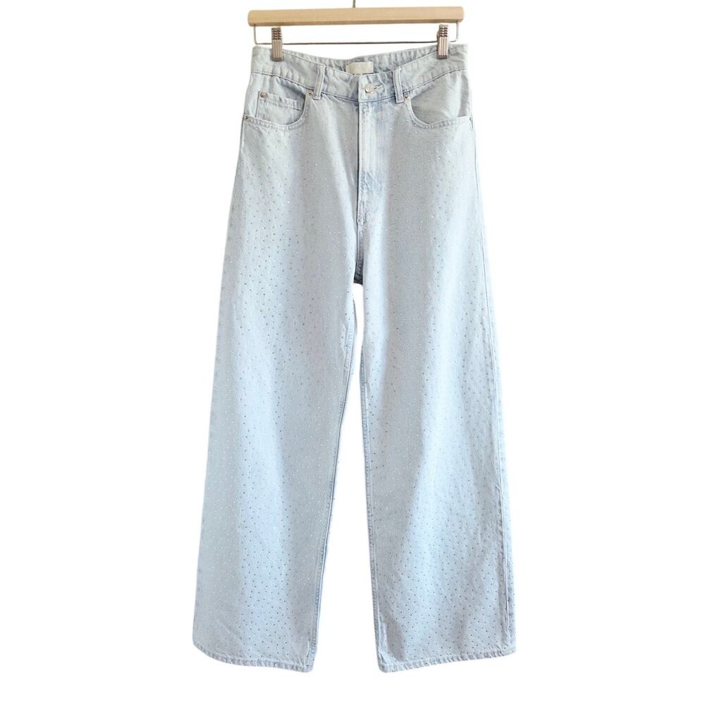 H&M Rhinestone Embellished Wide Leg Jeans Light Denim Blue Size US 4